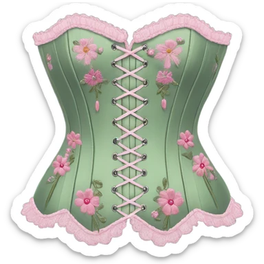 Sage green corset with flower embroidery and pink bows, isolated sticker