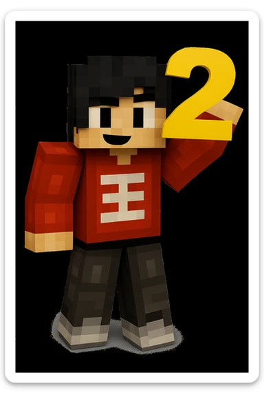 Add the number 2 held in the character's hand, keeping the original Minecraft cartoon style and pose exactly the same, only add the number 2 without changing anything else. sticker