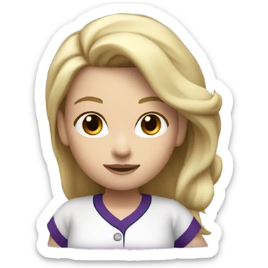 baseball card character. Blonde female long shoulder length hair. letter C logo. white and purple uniform. sticker