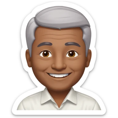50 yr old indian man, dark skin, grey hair, big smile, white teeth, chubby, no moustache, clean shaven, young style hair, hair brushed back, 5 oclock shadow, bindy, dress shirt, forehead dot sticker