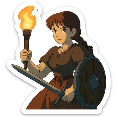 a warrior maiden with a sword and shield, common tavern clothing, eye gleam, defense stance, repose, amid darkness of midnight, holding only a torch sticker