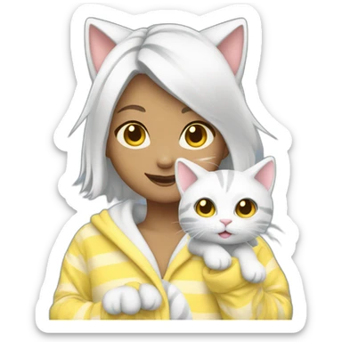 cat girl with white hair and yellow eyes in pajamas waving sticker