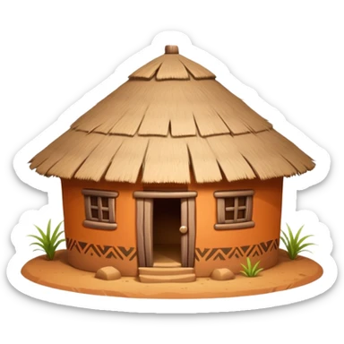 African mud hut tribal house, round adobe clay house, thatched roof, warm sunlight, colorful tribal patterns, cute mobile game icon, 3D cartoon, high detail, clean background sticker