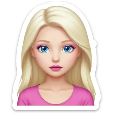 Girl with long platinum blonde hair, blue eyes, long lashes, sexy pink lips, wearing a pink top sticker
