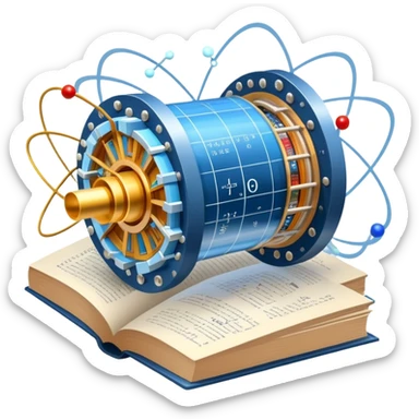 An icon featuring a physics textbook, a large Hadron Collider with particles flying off, symbolizing the study of physics. The design includes atomic models, energy waves, and scientific formulas, representing fundamental physical principles and research. Transparent background. sticker