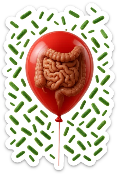 intestino umano anatomico chiuso in un palloncino rosso con batteri intestinali che fluttuano intorno, iperrealistico 4k sticker