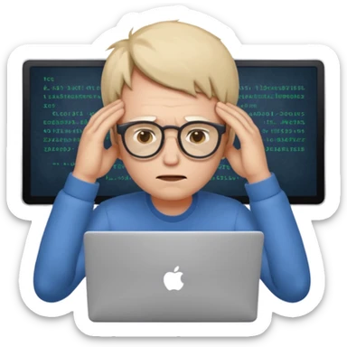 programmer holding his head, tired, bruises under his eyes, with a laptop sticker