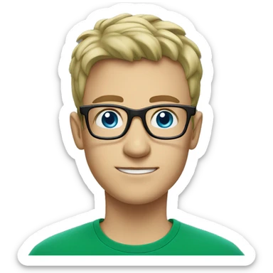 white young man with square glasses and blue eye wearing green t-shirt with laptop  sticker