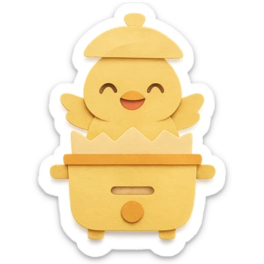chibi egg cooker with a chick popping out, bright smile, soft yellow palette, full-body sticker
