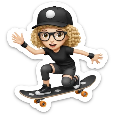 ["An excited girl with light skin, curly hair, wearing a baseball cap and square glasses, dressed in goth fashion, is skateboarding while holding a camera."] Pixal sticker
