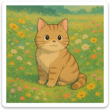 cute cat sitting in a field of flowers, ghibli style sticker