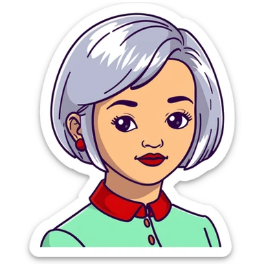Elegant Hispanic senior woman, 70s, with silver bob haircut, bright complexion, marked cheekbones, almond-shaped hazel eyes, wearing red lipstick and a red structured collar blouse sticker