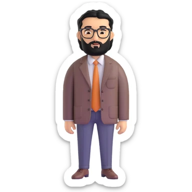 professional middle eastern businessman with medium length black beard, black hair, thick unibrow, elongated nose, tan skin, brown eyes, glasses, wearing business casual outfit with open collar shirt sticker