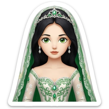 Hyper Realistic ornate ballgown long sleeve Wedding dress with diamanté on Russian bride with green eyes and long black hair with veil hyper realistic  sticker