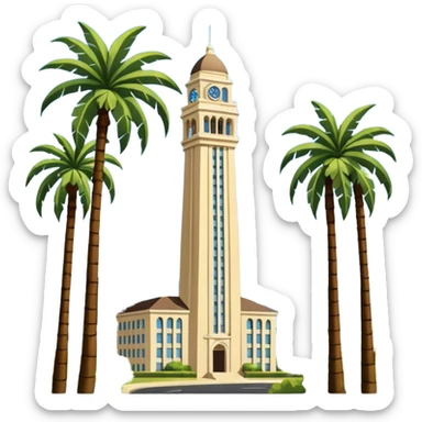 California Tower landscape in San Diego with palm trees, simple, inspired by reference photo, landscape version 5, white background sticker