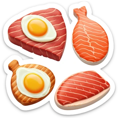 Four separate protein icons: a golden glowing chicken breast, a red meat steak, a smaller salmon fillet, and an egg, each with a subtle DNA strand behind it and muscle fiber pattern around the edges sticker