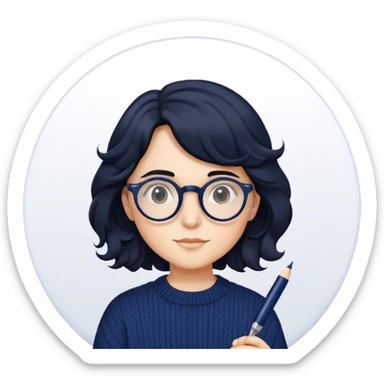 Designer with wavy black hair, round glasses, navy blue sweater, holding a design pen sticker