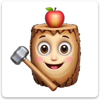 smiling wood log with big eyes and rosy cheeks, holding a small mallet, white background, vivid colors, apple emoji style sticker