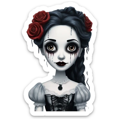 full height tim burton corpse bride, porcelain doll with a cracked face, goth makeup watery black eyes, long hair, lace and ruffles, lolita style, inked, black and white, red roses sticker