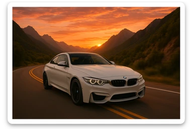 Add a detailed sunset background behind the white BMW M4 on the mountain road, maintaining a realistic style with a detailed and natural environment. sticker