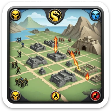 An icon representing a strategy game with a Mortal Kombat-style background, featuring a battlefield and strategic units. The design includes health bars at the top, symbolizing tactical planning and combat. Transparent background highlights the intensity of the fight and strategy. sticker