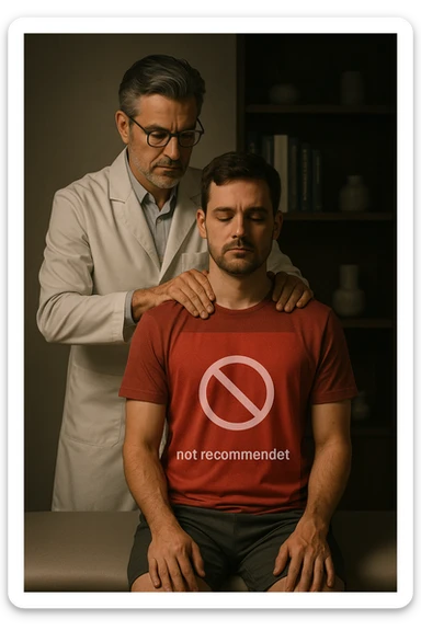vertical cinematic illustration in stylish osteopathic studio, middle-aged male osteopath with salt-and-pepper hair and glasses dressed in modern white coat seated behind patient sitting upright on padded table applying shoulder manipulation, semi-transparent red overlay and clear 'not recommended' icon over patient's upper body communicating contraindication for postural asymmetry, softly lit background with medical books and minimalist decor, moody focused lighting evoking clinical precision and caution sticker