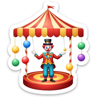 Icon for Circus Arts: a circus tent with a performer juggling colorful balls, a unicyclist, and a clown. The icon should convey the excitement and fun of circus performances, with emphasis on skill, acrobatics, and entertainment. Transparent background. sticker