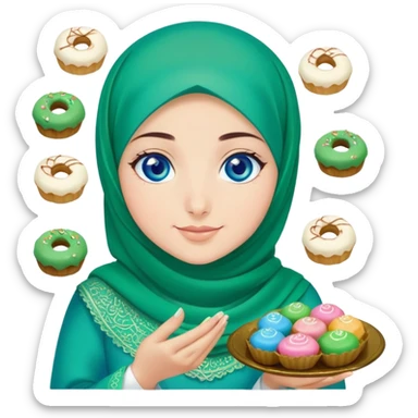 Turkish beautiful finish Konya girl blue eyes with green emerald hijab islamic dress and had on her hand text Eid Mubarak with sweets and celebrating with her friends eid days   sticker