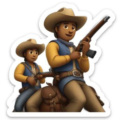 Pascalito and Thushy riding on the same horse with texas hats both armed with a rifle sticker
