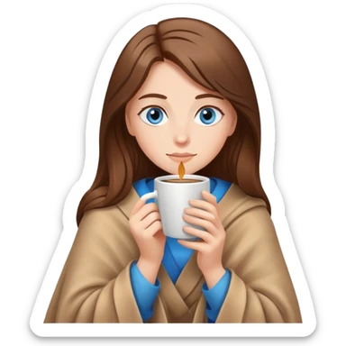 Brown hair with blue eyes lady wearing light brown blanket drinking coffee  sticker