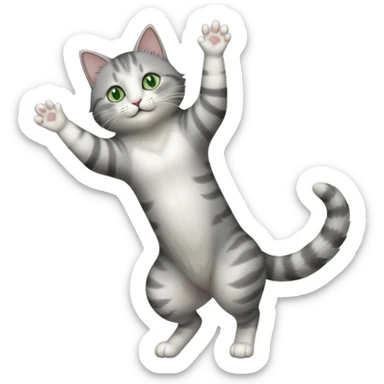 grey and white cat with green eyes doing a big extremely long stretch reaching up into the air with arms and legs side by side together straight and overextended whilst lying on its side sticker
