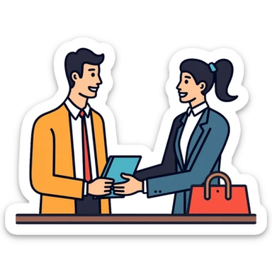 Bank teller in professional clothes helping a customer sticker