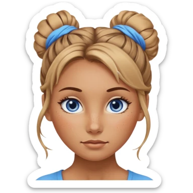 Attractive Woman with tan skin, wide face, freckles, messy bun hairstyle, and blue eyes sticker