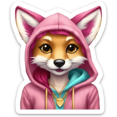 Pink magenta burgundy maroon cyan beige gray fox wearing a pink hoodie with gold jewellery gold piercings gold ear piercing gold nose piercing vintage watercolour tie dye black raven wings sticker