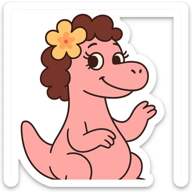 pastel pink dinosaur with brown curly hair, a Hawaiian flower in her hair, brown eyes, and long eyelashes sticker