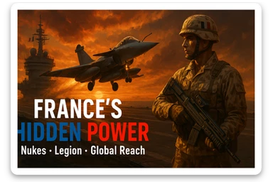 Dramatic 8K scene, 16:9: Rafale jet taking off from French carrier at sunset, orange glow. Foreground: Foreign Legionnaire in desert camo with futuristic weapon. Bold tricolor text: ‘FRANCE’S HIDDEN POWER’. Subtext: ‘Nukes • Legion • Global Reach’. Epic, cinematic, dramatic lighting, 8K resolution. sticker
