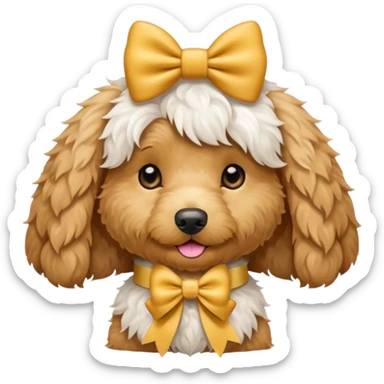 Golden doodle wearing a bow sticker