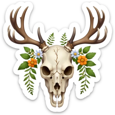 Deer skull with antlers and herbs and small flowers sticker