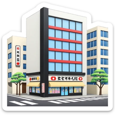 japanese anime store in modern style like in Akihabara with "anime" in japanese on a building sticker