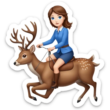 A white woman with brown hair and blue eyes in riding a deer sticker