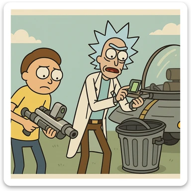 Rick and Morty preparing for new adventune. The're checking their equipment. And they trashcan space ship sticker