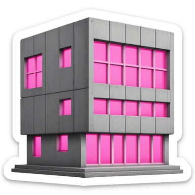 Concrete block building in brutalist style with one pink neon window and several standard windows sticker