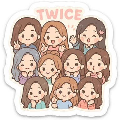Twice members as chibi characters, cute, playful, pastel colors sticker