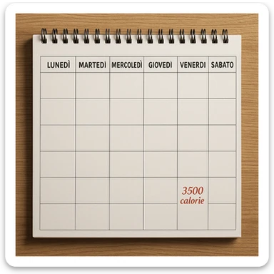 Hyperrealistic top-down view of a weekly calendar in Italian, showing days from Monday to Sunday. Only Saturday and Sunday have the text '3500 calorie' in red italic below, with no red circle on Friday. 4K details, desk atmosphere. sticker