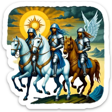 solarpunk HD, mysterios style, oil paint - The Four Horsemen of the Apocalypse, based on a graphic by Albrecht Dürer sticker