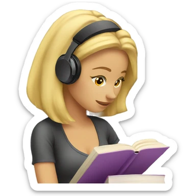 Blonde woman with headphones Studying in library looking at book  sticker