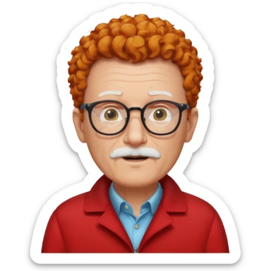 old man, ginger curly short hair, no mustache, white beard, wearing glasses, long face, wearing a red jacket sticker
