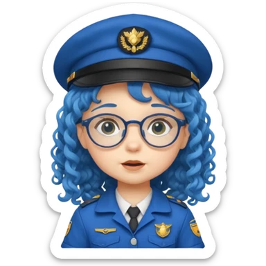 scout girl baby with uniform including the hat,  little with glassess and long curly blue hair sticker