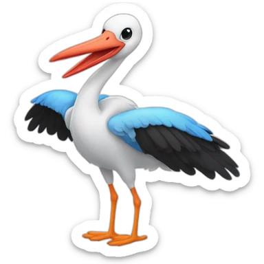  A big stork is carrying a blue bundle of cloth in its beak that has a cute white skinned baby face peeking out from it with black head sticker