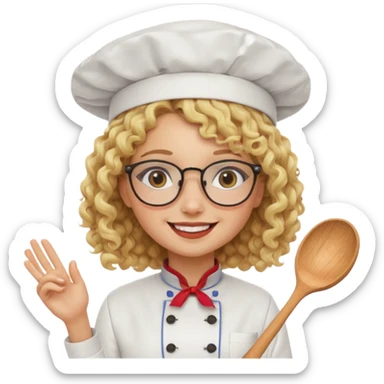 blonde girl with curly hair and glasses with a Mexican hat and chefs uniform sticker